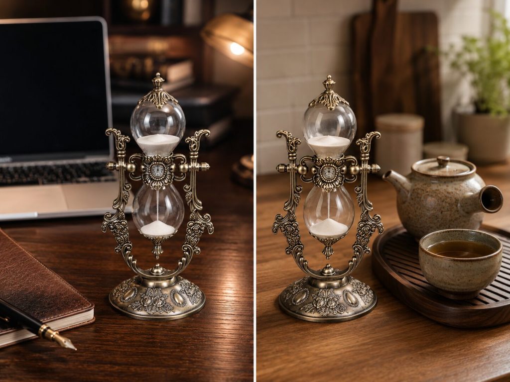 Split image: hourglass in work context beside laptop and notebook / hourglass in kitchen context beside tea tray