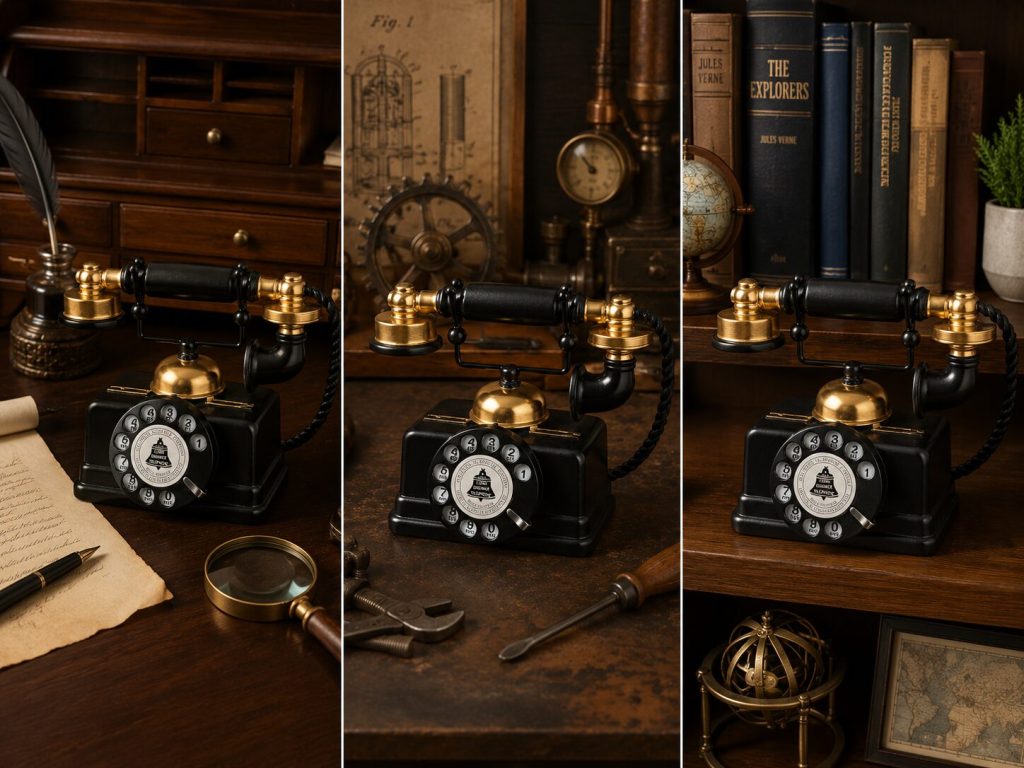 Three scene builds with the same rotary phone: pure Victorian desk / Steampunk inventor’s workspace / modern eclectic bookshelf
