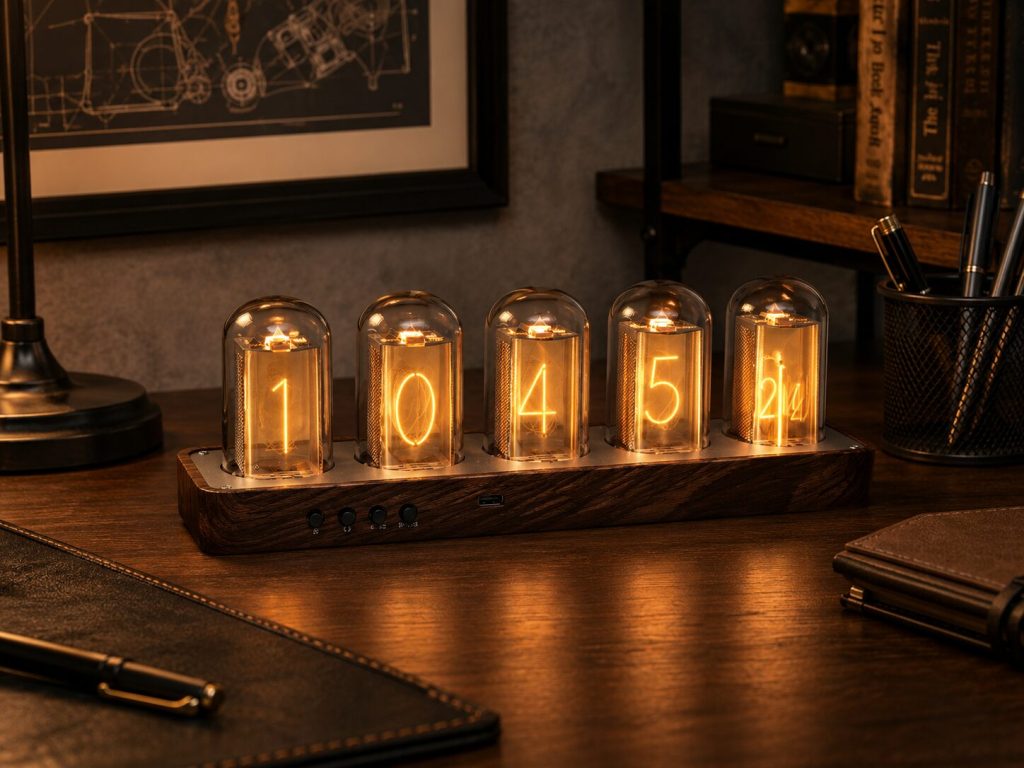 ClocTeck on a dark wood desk, set to warm amber, wood grain base visible