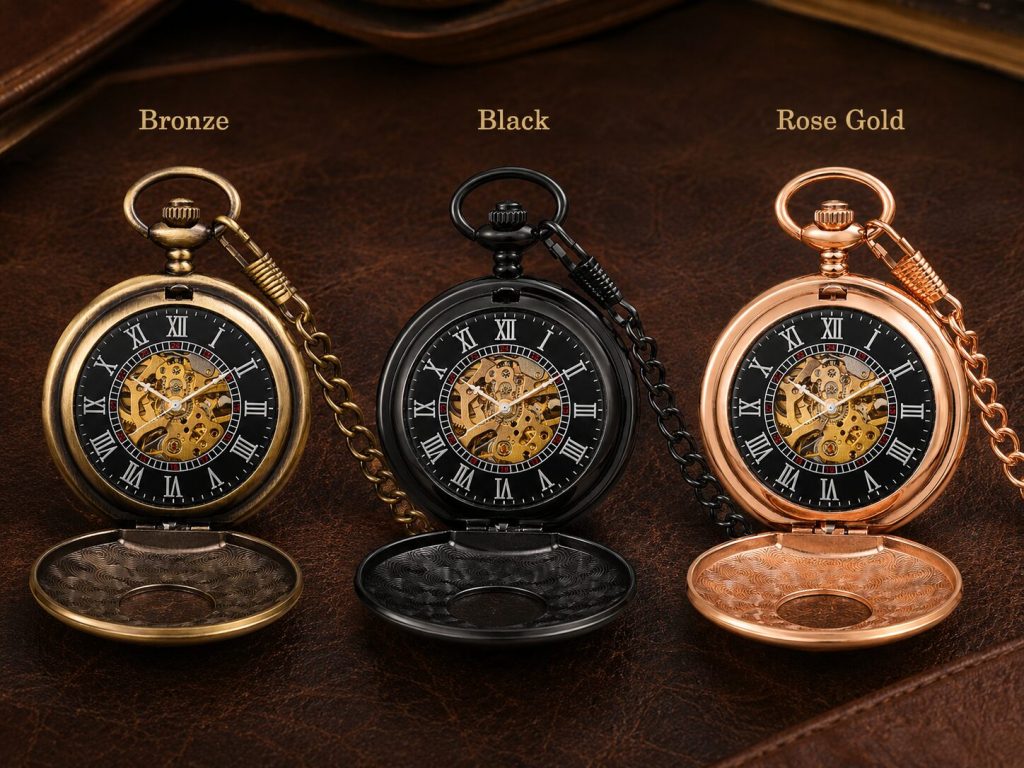 Three color options side by side - Bronze, Black, Rose Gold - showing how same form reads differently