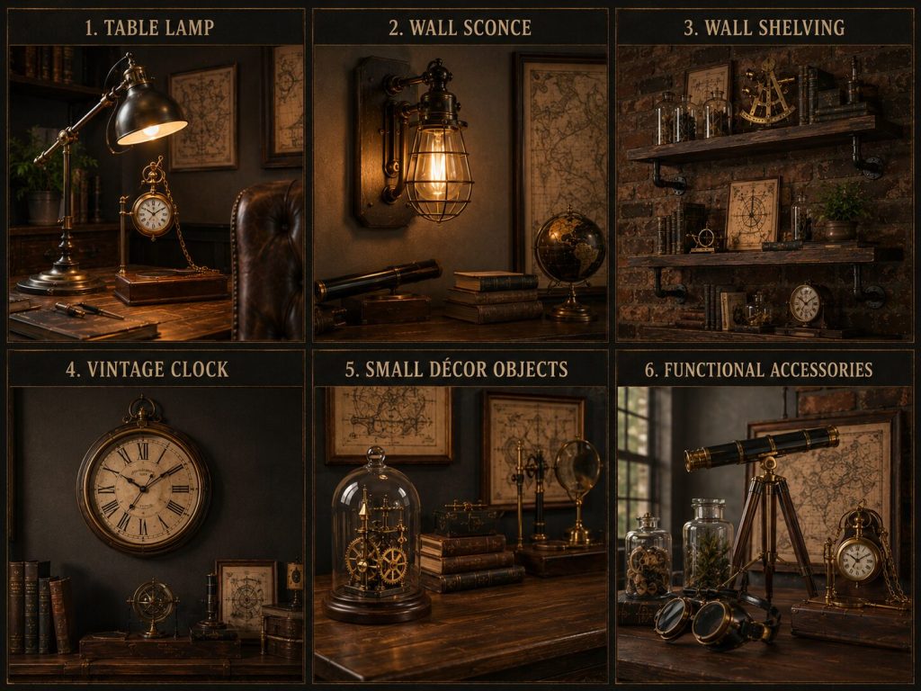 Six category grid - lamp, sconce, shelving, clock, small decor, accessories