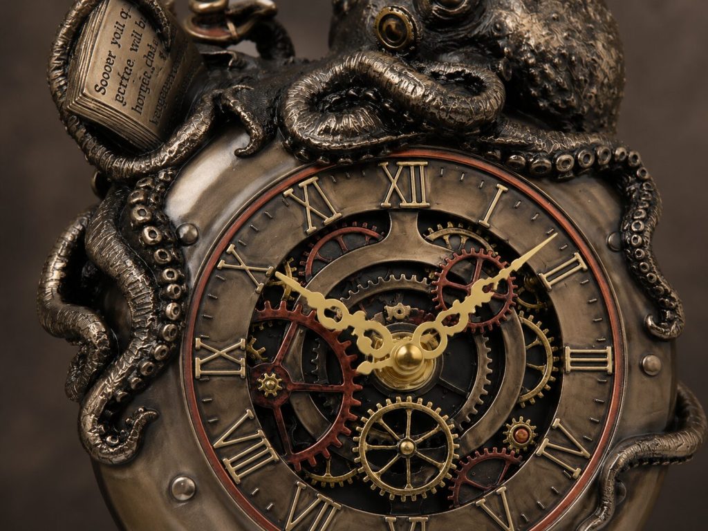Veronese close-up - gear integration visible within octopus body, clock hands showing time, tentacle detail surrounding the face