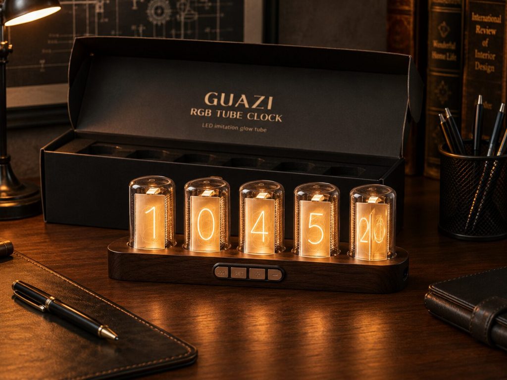GUAZI unboxed, gift box open, clock glowing amber on a desk