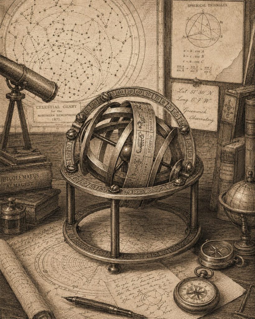 Victorian-era illustration of an armillary sphere in a scientific study or navigation context