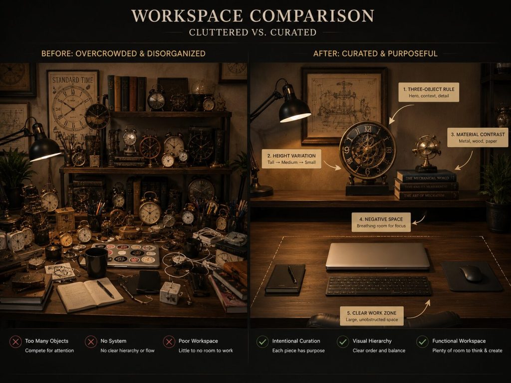 Comparison: cluttered desk with too many objects and no system vs. organized small display with 3 objects, height variation, and clear work zone