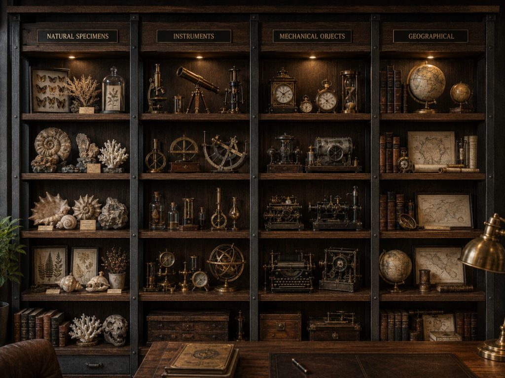 Modern Steampunk shelf organized as cabinet of curiosities - sections labeled “Natural Specimens,” “Instruments,” “Mechanical Objects,” “Geographical.”