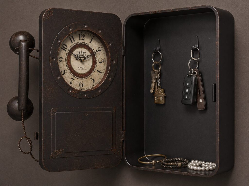 Abdurey panel open - hidden compartment visible, 2 key hooks inside, jewelry placed for scale