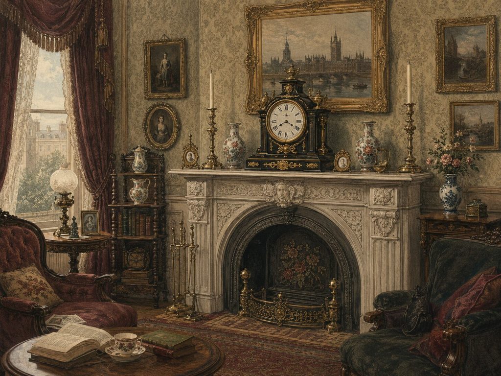 Victorian parlor illustration - elaborate mantel clock prominent on fireplace mantel