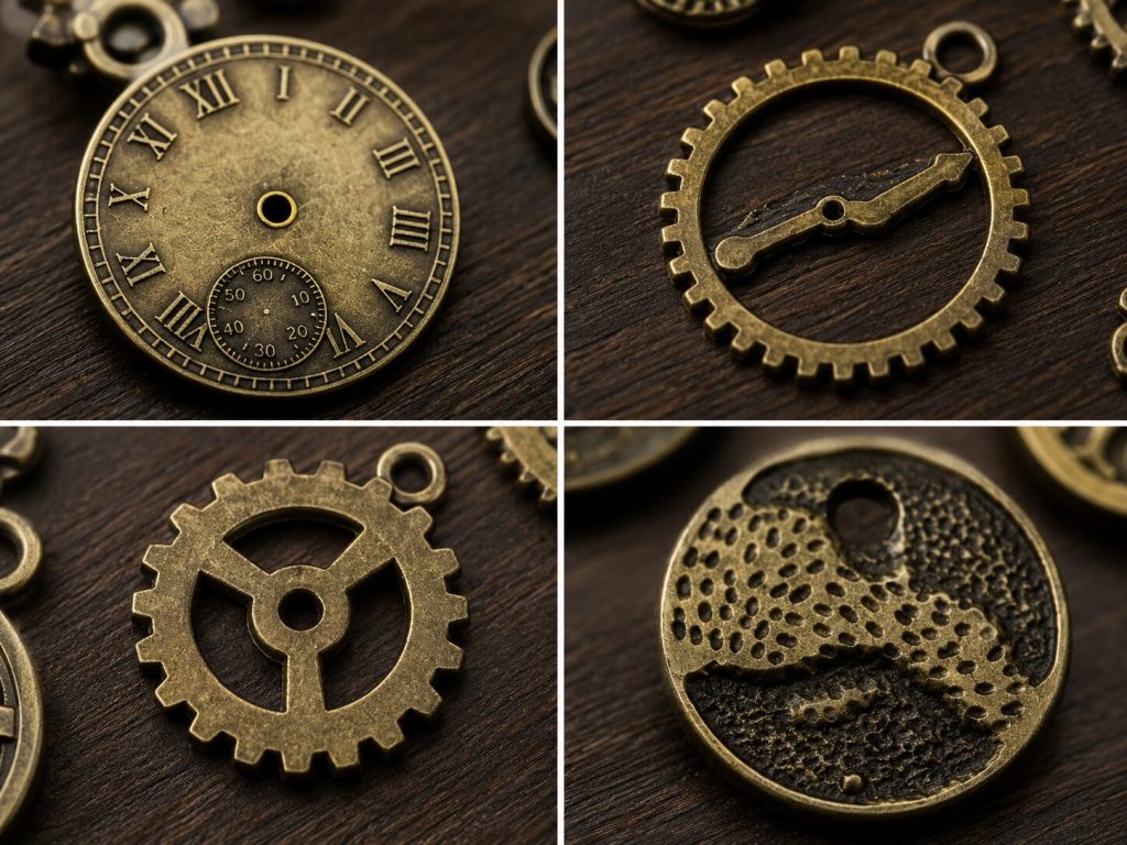 Macro close-up of 3–4 different charm shapes - clock face, gear, cog wheel - showing plating quality and detail level