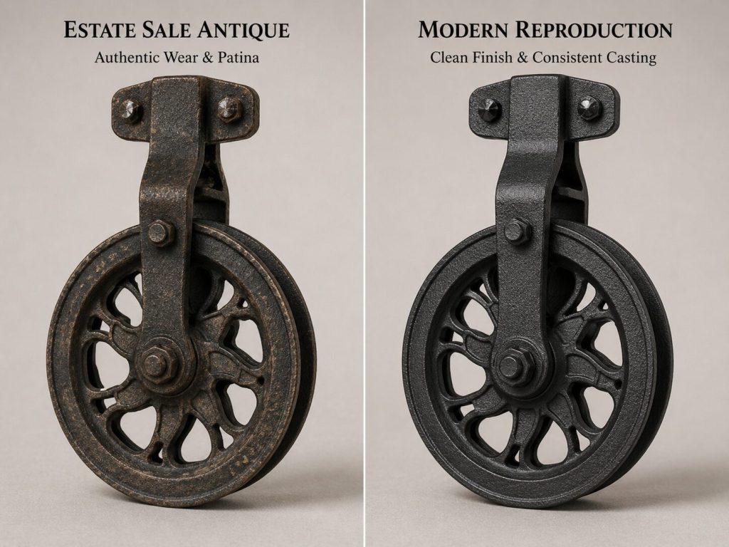 Comparison: genuine antique pulley from estate sale vs. quality reproduction