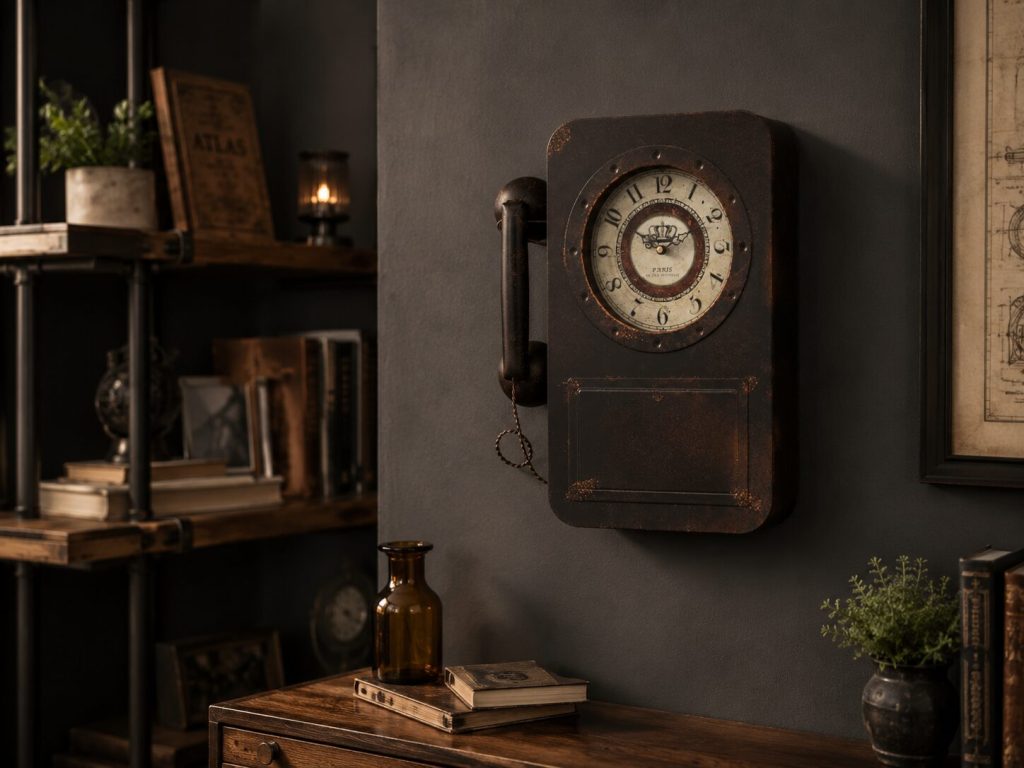 Abdurey mounted on a dark wall - telephone aesthetic dominant, no visible indication of the hidden compartment