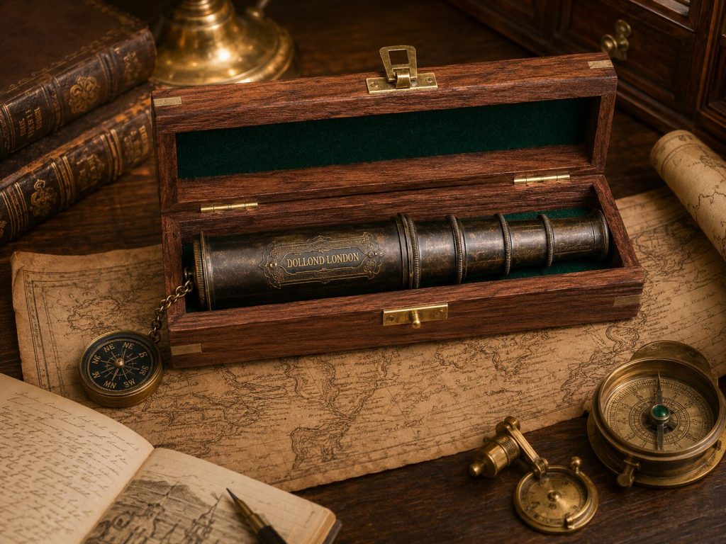 Engraved wood box open with telescope inside - engraving visible on lid