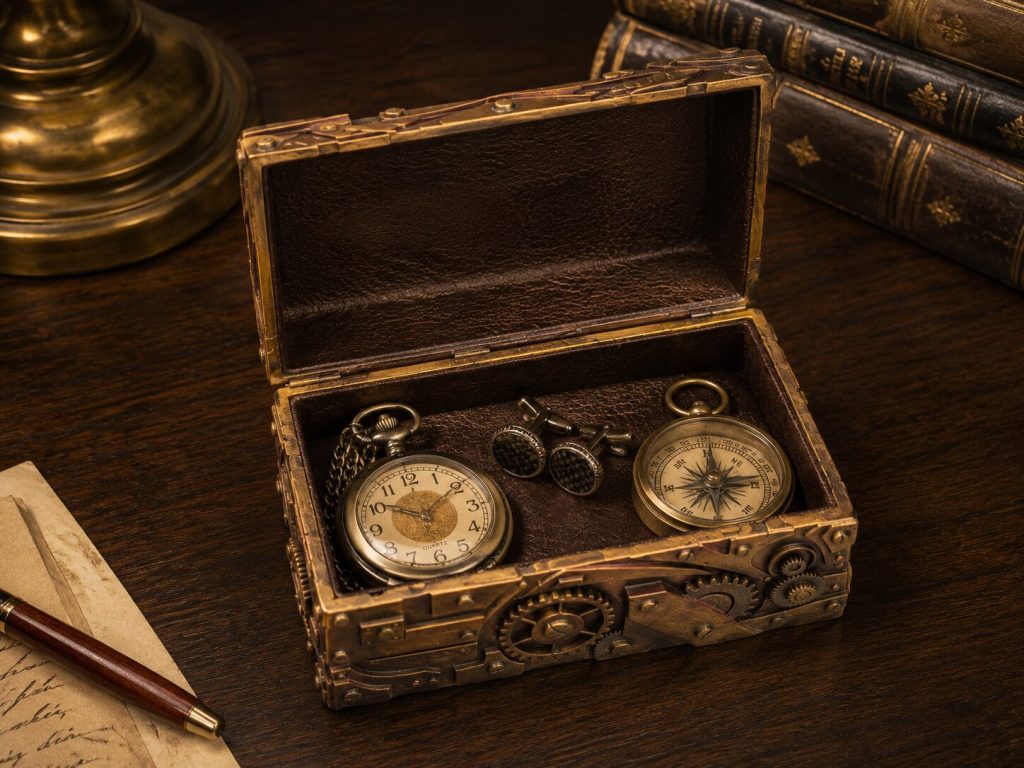 Trinket box open on desk - faux leather interior visible, small watch placed inside for scale, gear exterior detail visible