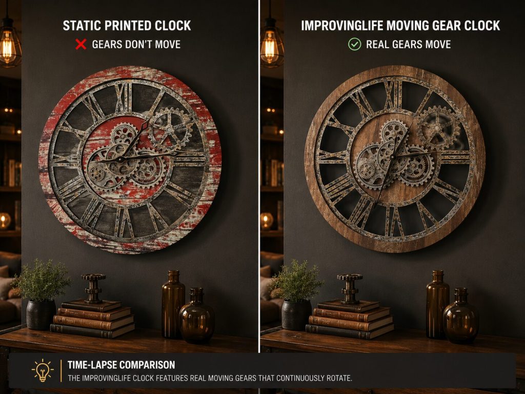 Time-lapse style comparison: a static printed gear clock beside the ImprovingLife clock with slightly blurred moving gear teeth