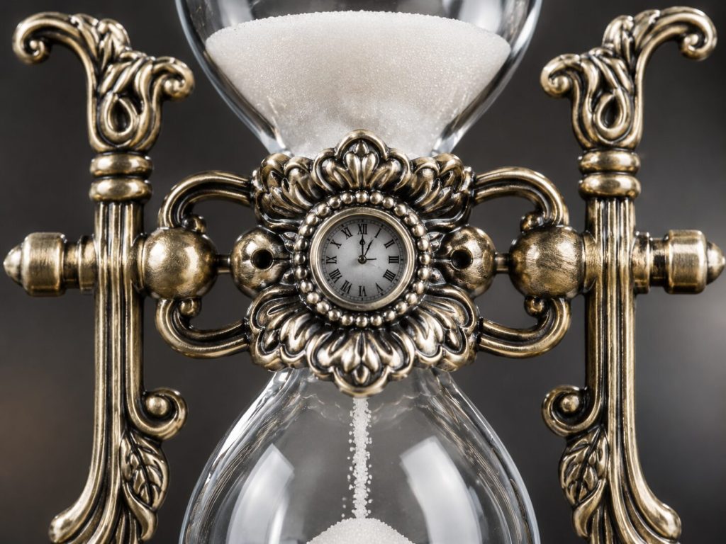 Macro close-up hourglass - embossed frame detail visible, acrylic glass catching light, fine sand grain visible