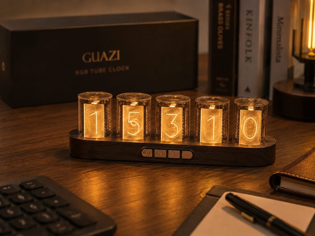 GUAZI at warm amber setting on a dark desk, gift box visible in the background