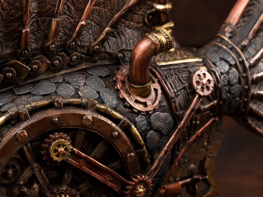 Macro surface detail - bronze/copper patination, hand-painted texture, propeller or fin detail