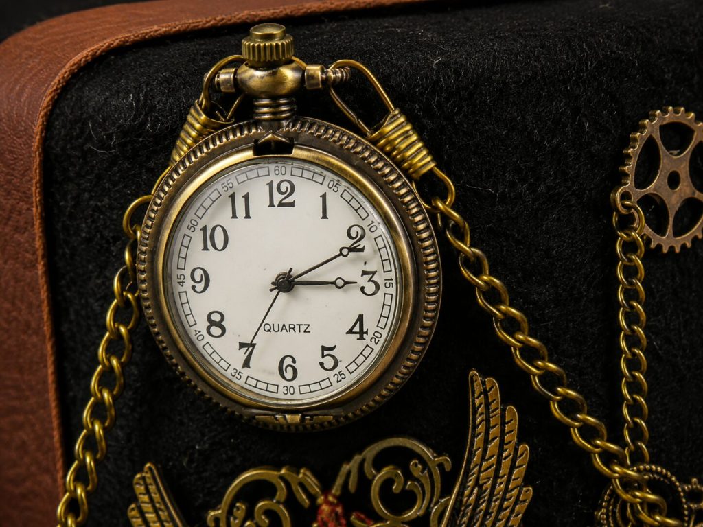 Pocket watch embedded in hat close-up - dial readable, time shown