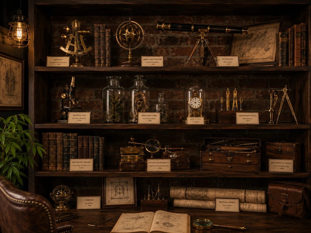 Workshop shelf with labeled objects - small cards visible, organized zones readable, negative space maintained