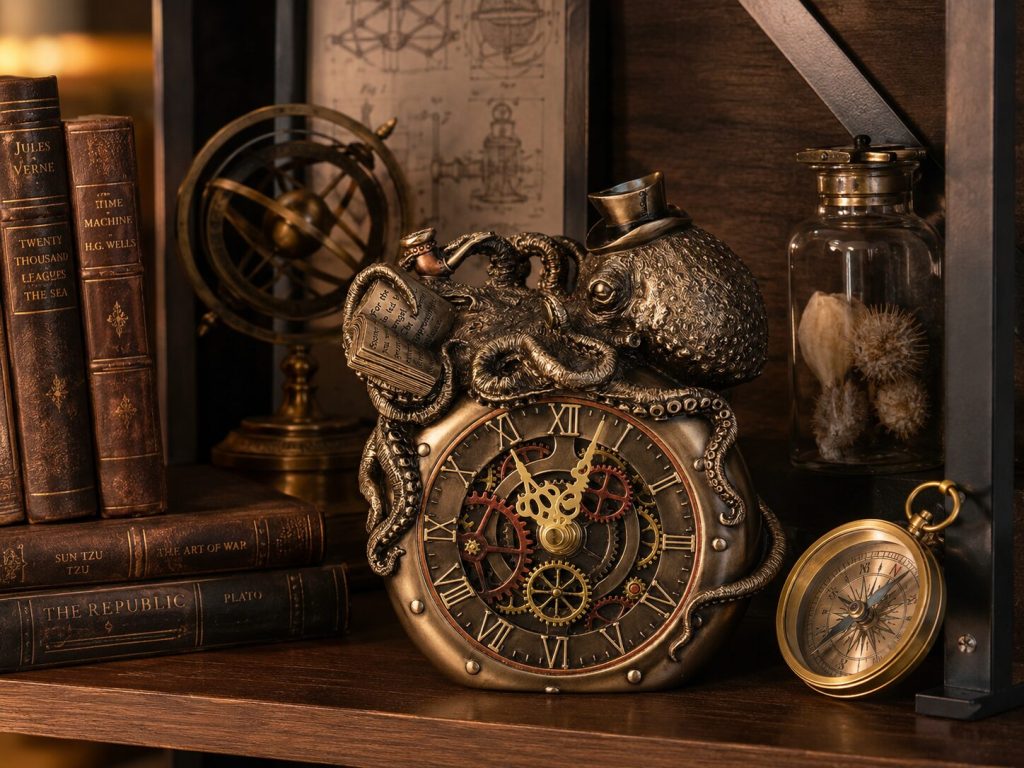 Veronese Octopus Clock on a Steampunk shelf beside brass compass, stacked books, specimen jar, and warm lighting