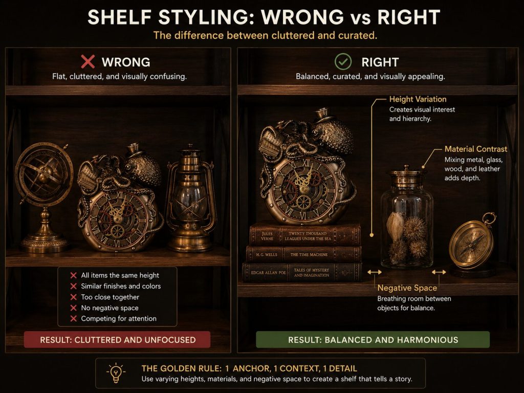 Two side-by-side vignettes: wrong version with same height, same material, no gap / right version with height variation, material contrast, defined gaps