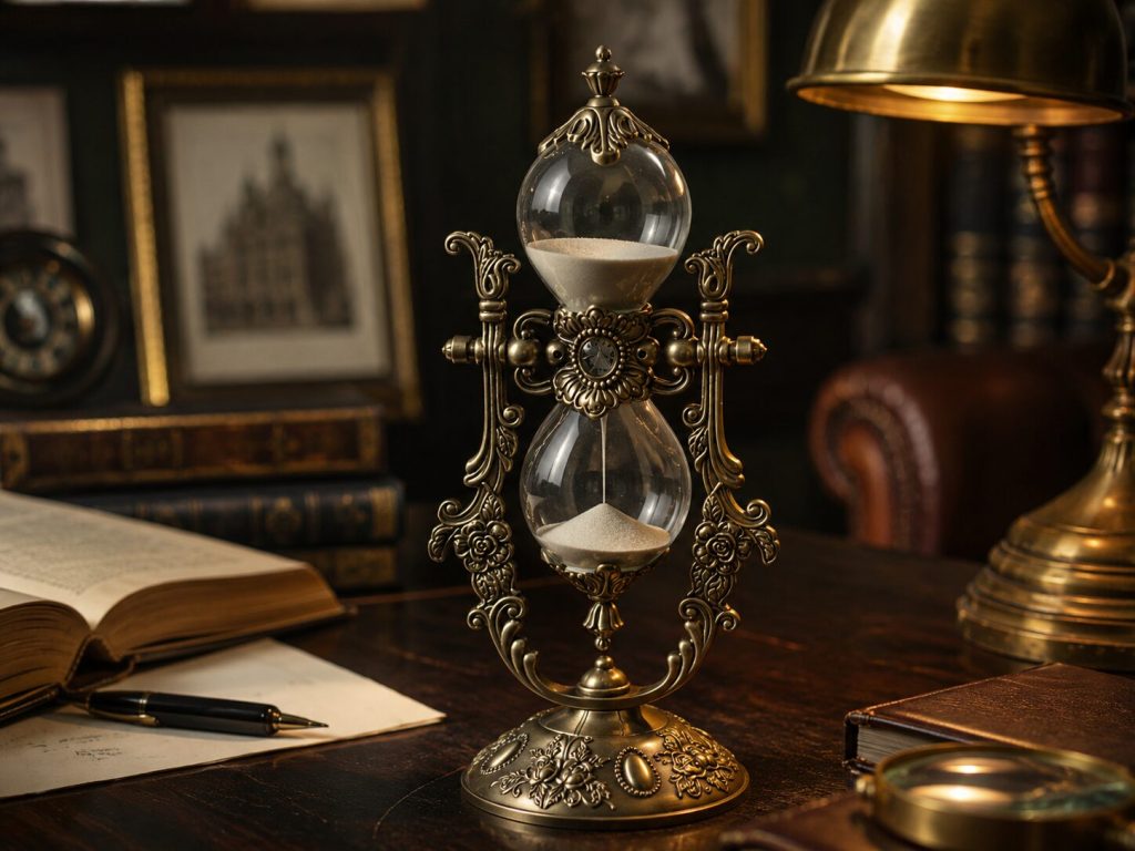 Hourglass on dark study desk - sand mid-flow visible through clear body, embossed gold frame catching desk lamp light