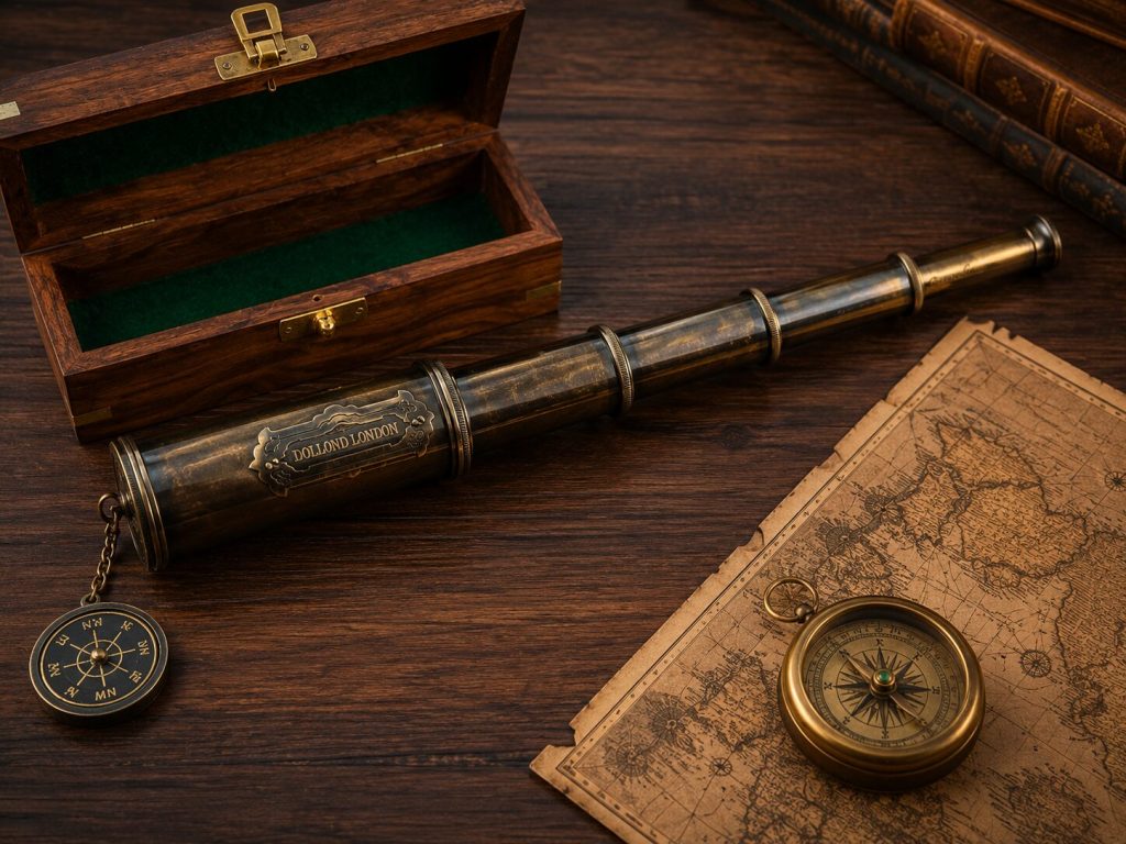 Brass telescope extended, brass and leather visible, on dark wood desk with map and compass