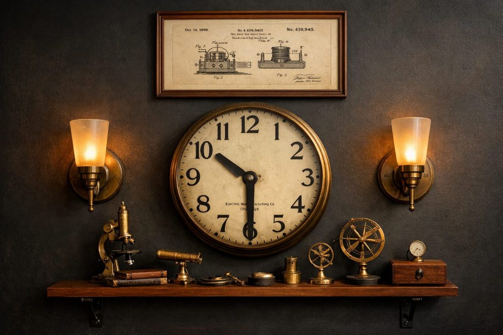 Complete gallery wall - clock centered, sconces flanking, patent illustration above, instrument shelf below