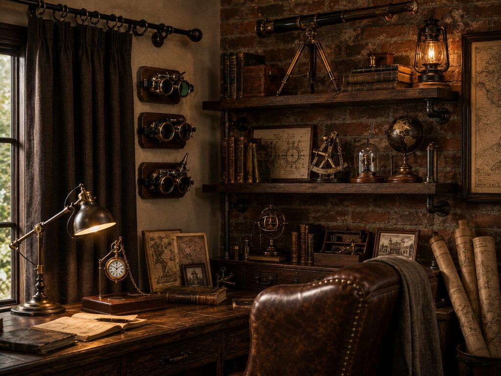 Workshop with accessories in place - goggles on wall, telescope on shelf, pocket watch on desk stand, pipe curtain rod with dark drape