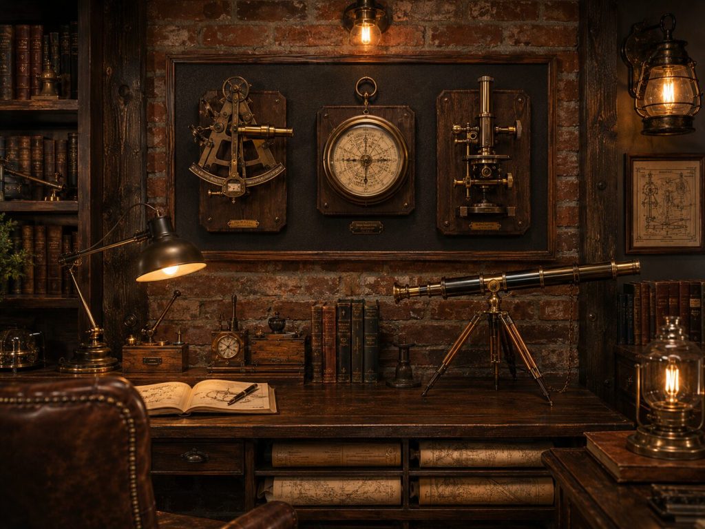 Workshop instrument wall - triptych mounted, telescope nearby, maps rolled below