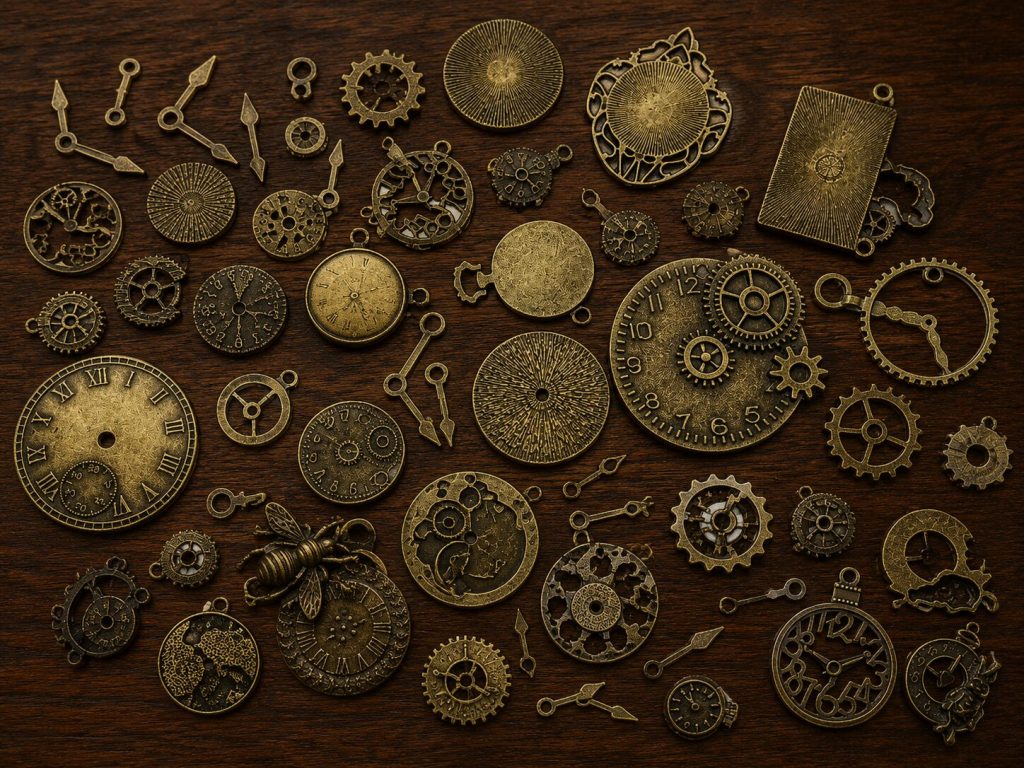 Gear charms spread on dark wood surface - variety of sizes and shapes visible, antique bronze patina catching light