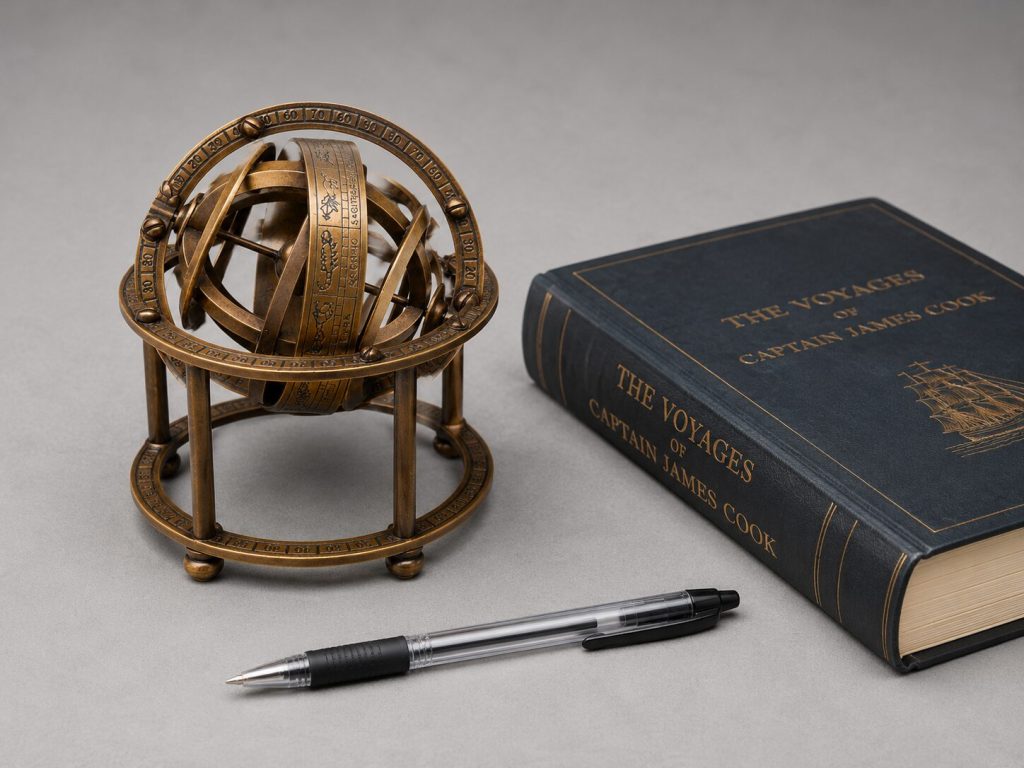 Armillary sphere photographed with clear scale references - a standard pen and a common book in frame