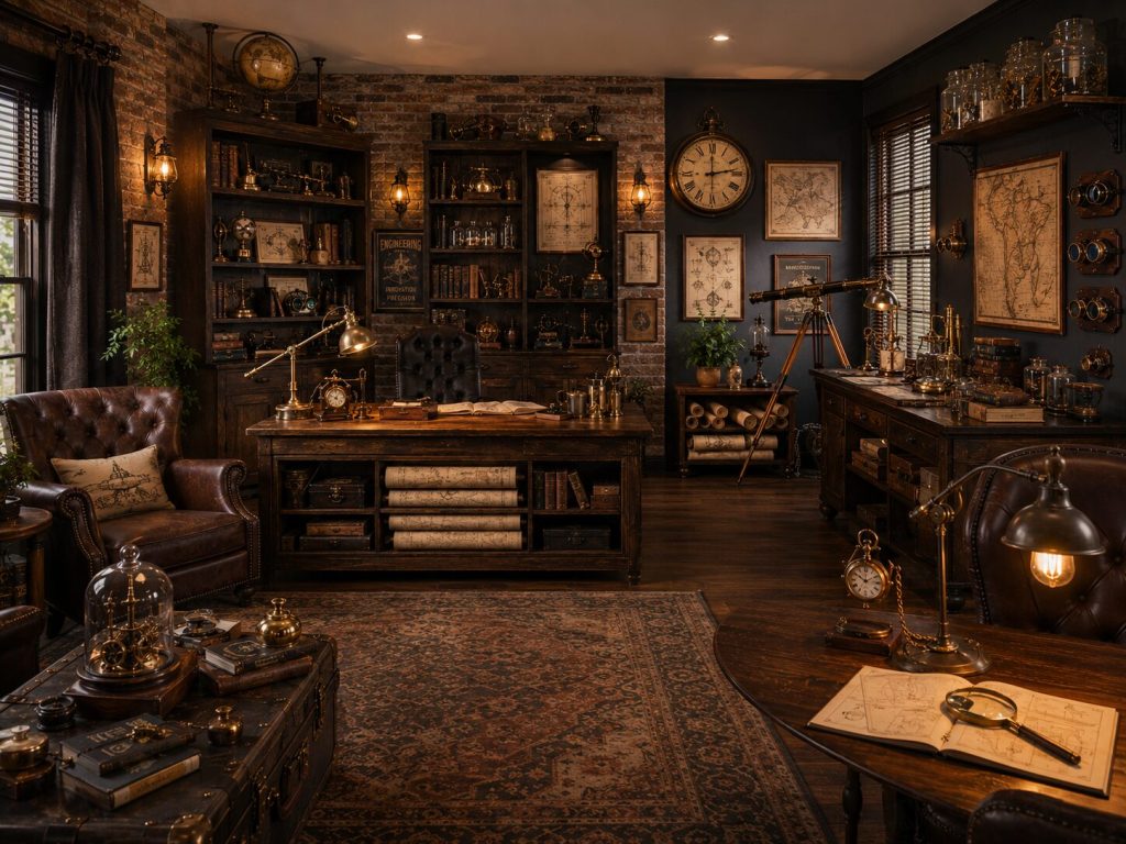 Panoramic view of a complete Steampunk room - lamp, sconces, shelving, clock, instruments, accessories all visible
