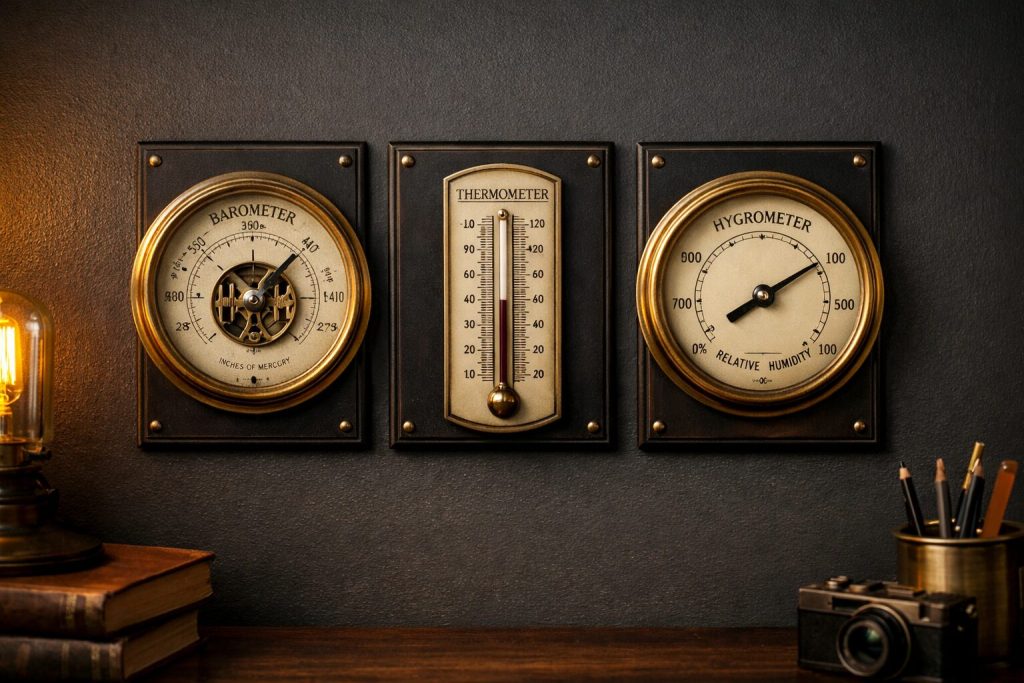 Matched triptych set - barometer, thermometer, hygrometer in brass, mounted symmetrically