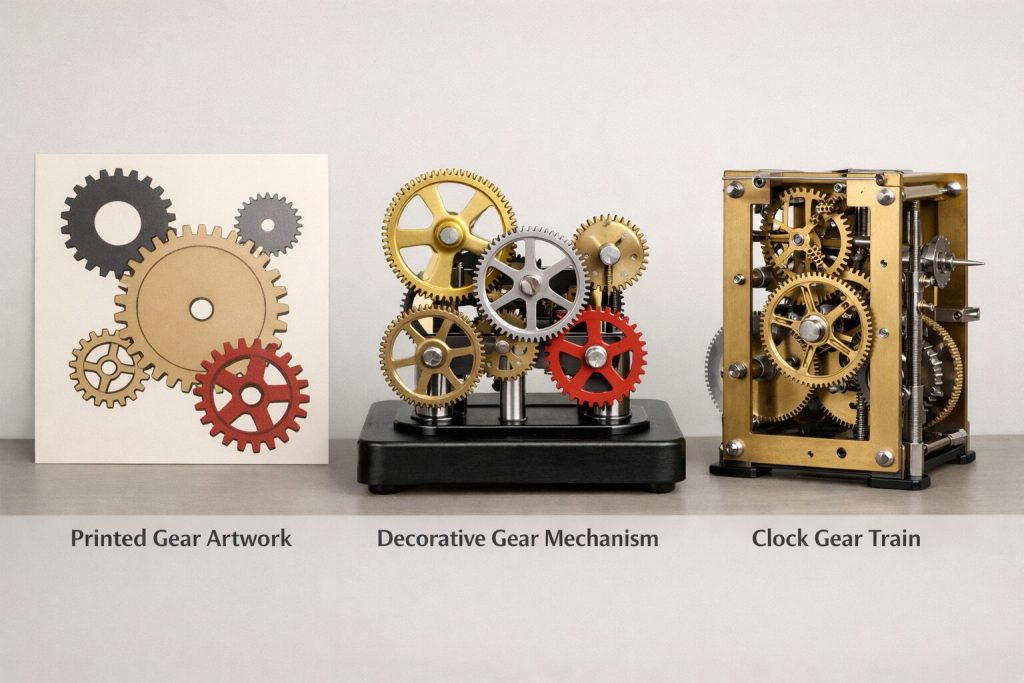 Three gear displays: printed gear pattern, motorized decorative gear, and actual clock gear train