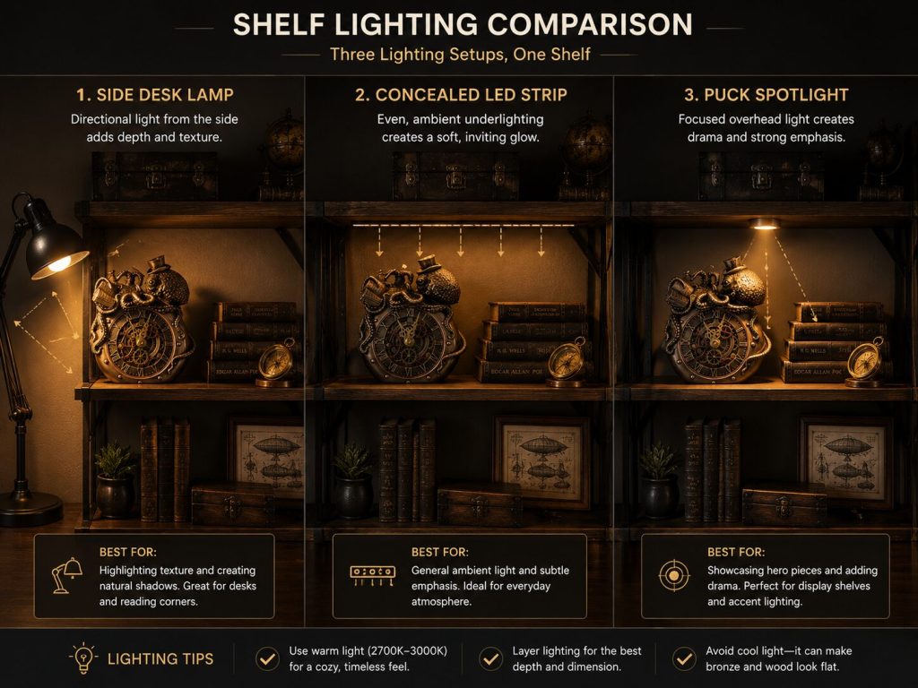 Three lighting setups on the same shelf: desk lamp side-light / LED strip underlight / puck spotlight