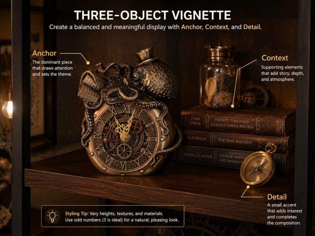 Labeled diagram of a three-object vignette - anchor, context, detail arrows pointing to objects