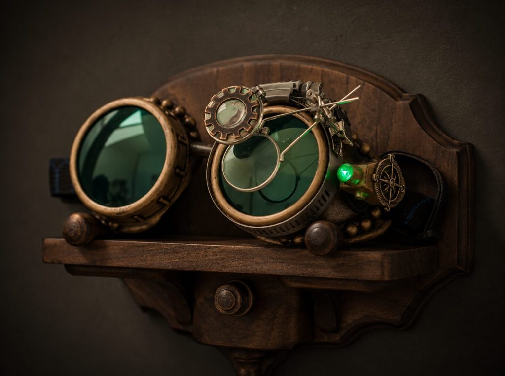 Goggles mounted on wood wall bracket - displayed as art object. LED compass charm visible