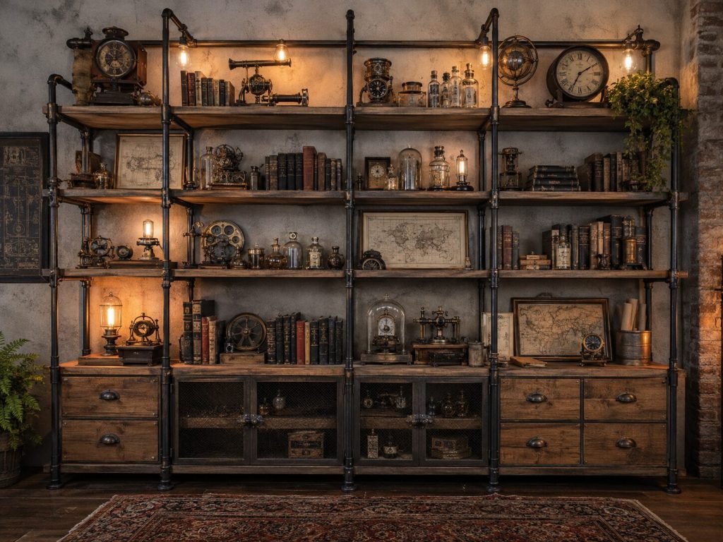 Wide styled shot - full Steampunk shelf system with books, instruments, glass bottles, maps, clocks, and mechanical artifacts from the list below.