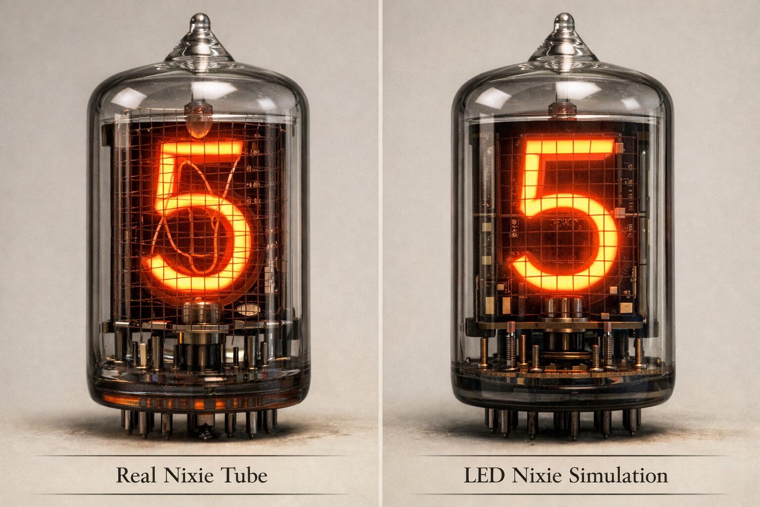 Side-by-side image: real Nixie tube and LED simulation, both glowing the same numeral