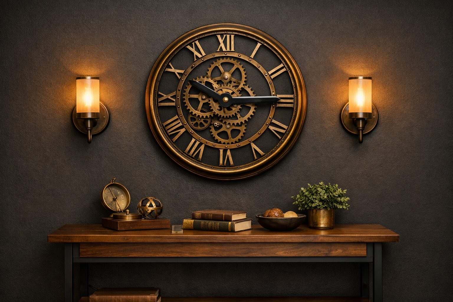 Room composition - large gear clock on dark wall above console table, flanked by warm wall sconces, compass and books on console