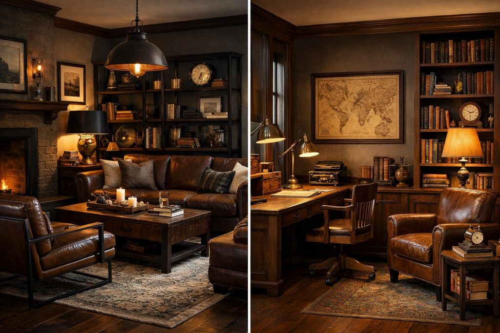 Split image - Steampunk living room, darker, social, dramatic; Steampunk study, warmer, intimate, functional