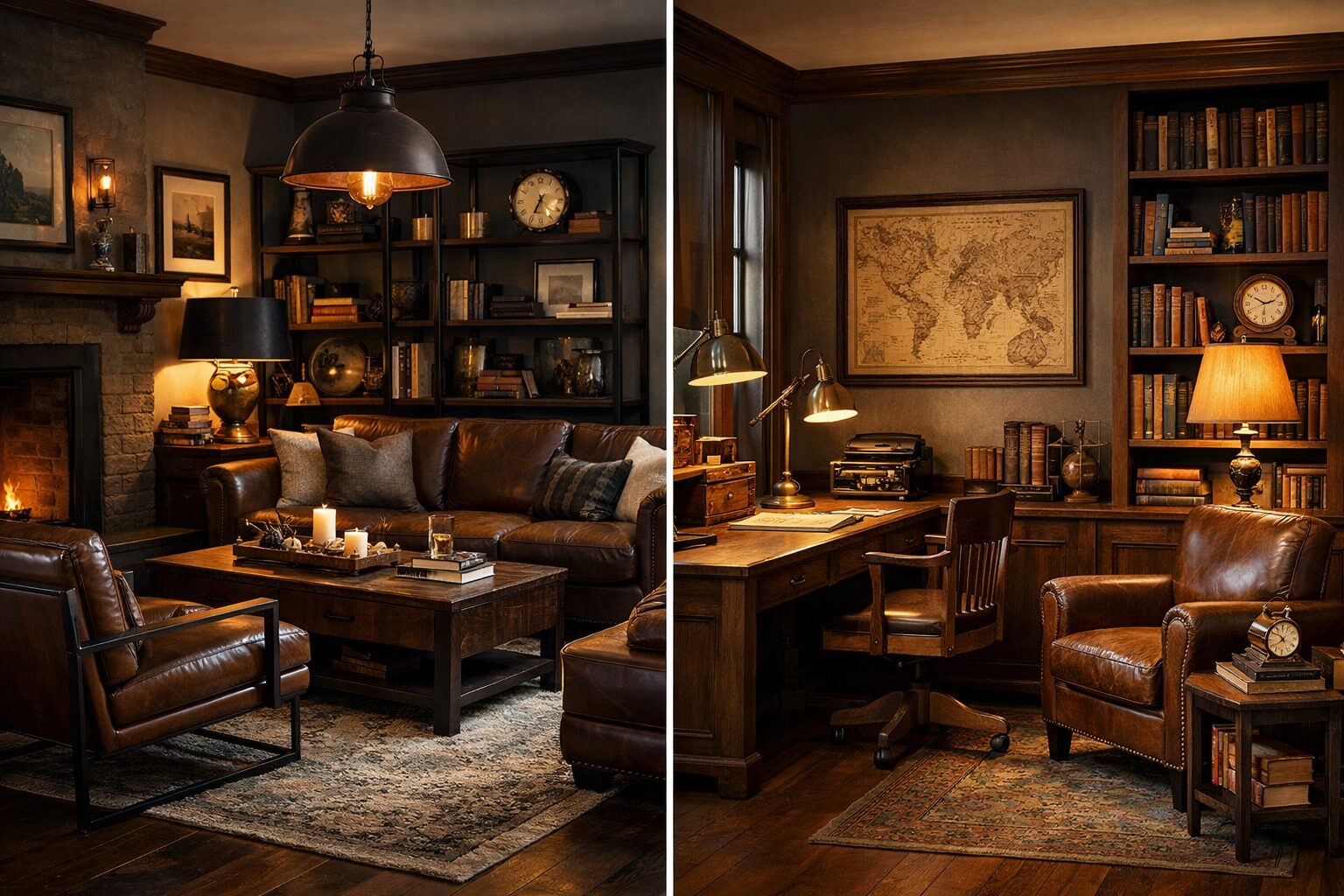 Split image - Steampunk living room, darker, social, dramatic; Steampunk study, warmer, intimate, functional