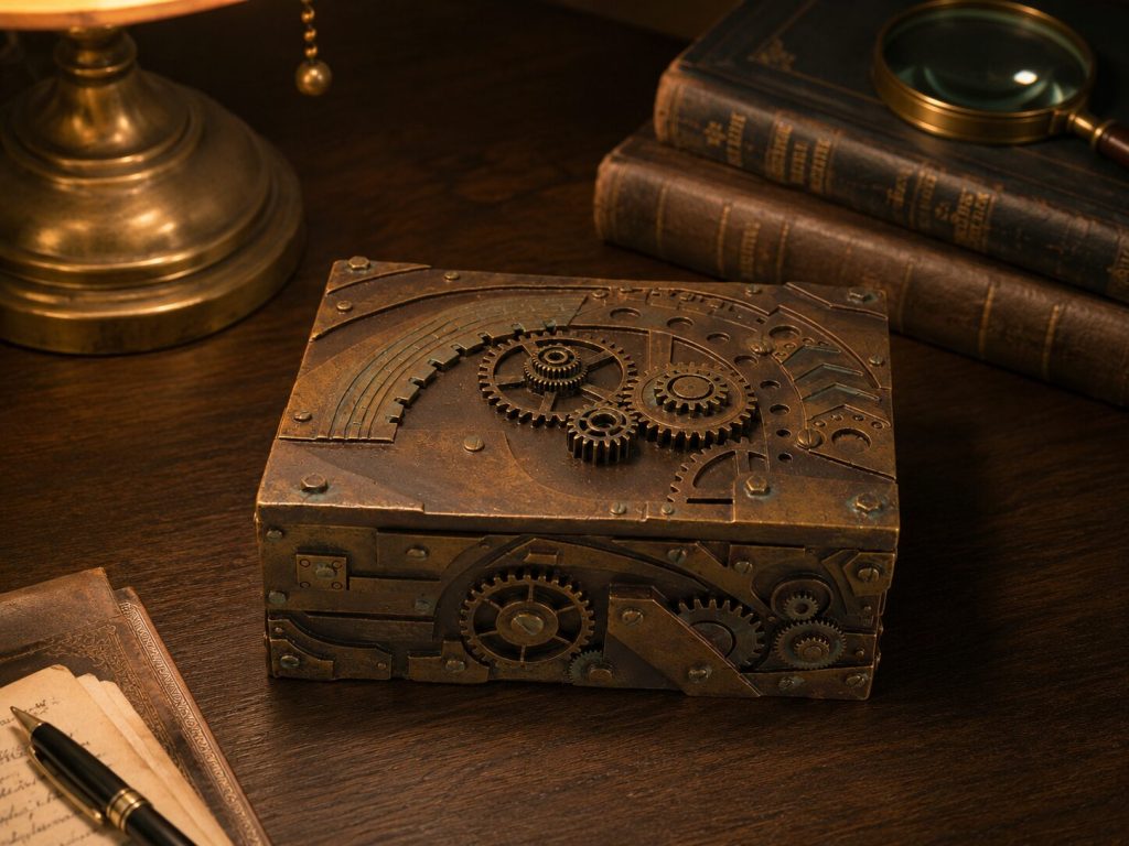 Trinket box closed on dark desk - gear exterior detail visible, bronzed finish catching warm desk lamp light