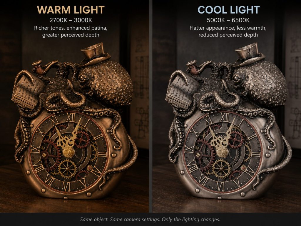 Same bronze gear object under warm vs. cool light - dramatic difference in perceived quality