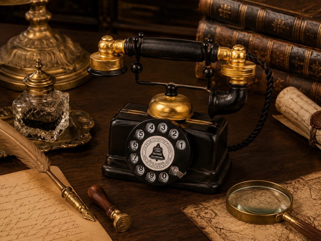 Rotary phone in styled Victorian desk scene - inkwell, rolled paper, magnifying glass, quill pen. The resin material becomes irrelevant in context