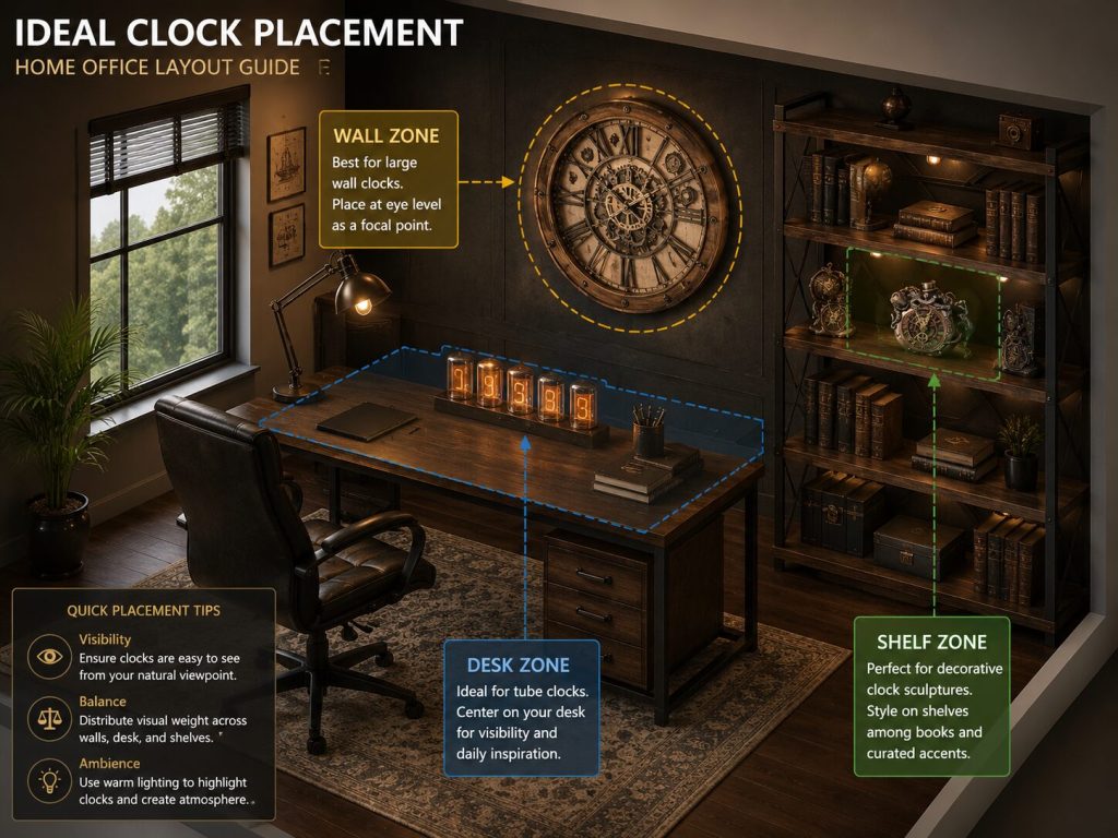 Room layout showing wall, desk, and shelf placement zones with each clock positioned correctly