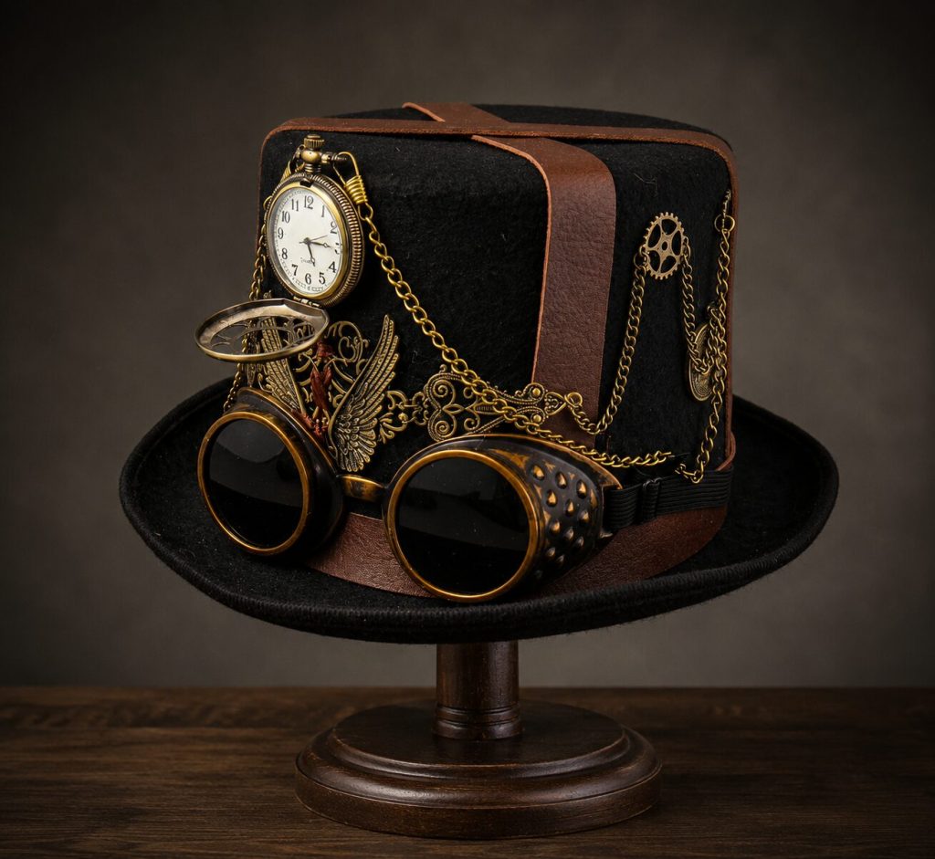 Top hat on display stand - full view showing goggles mounted on brim, gear accents, pocket watch visible in hat band