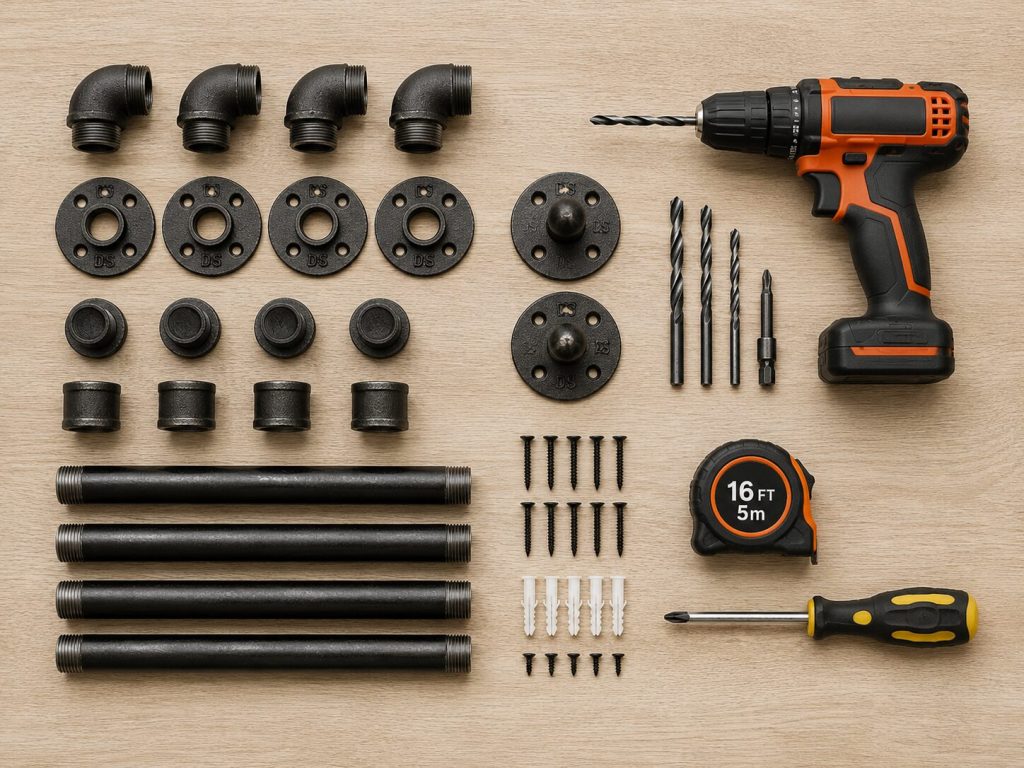 Component flat-lay - pipe sections, flanges, elbows, hooks, drill, bits, anchors