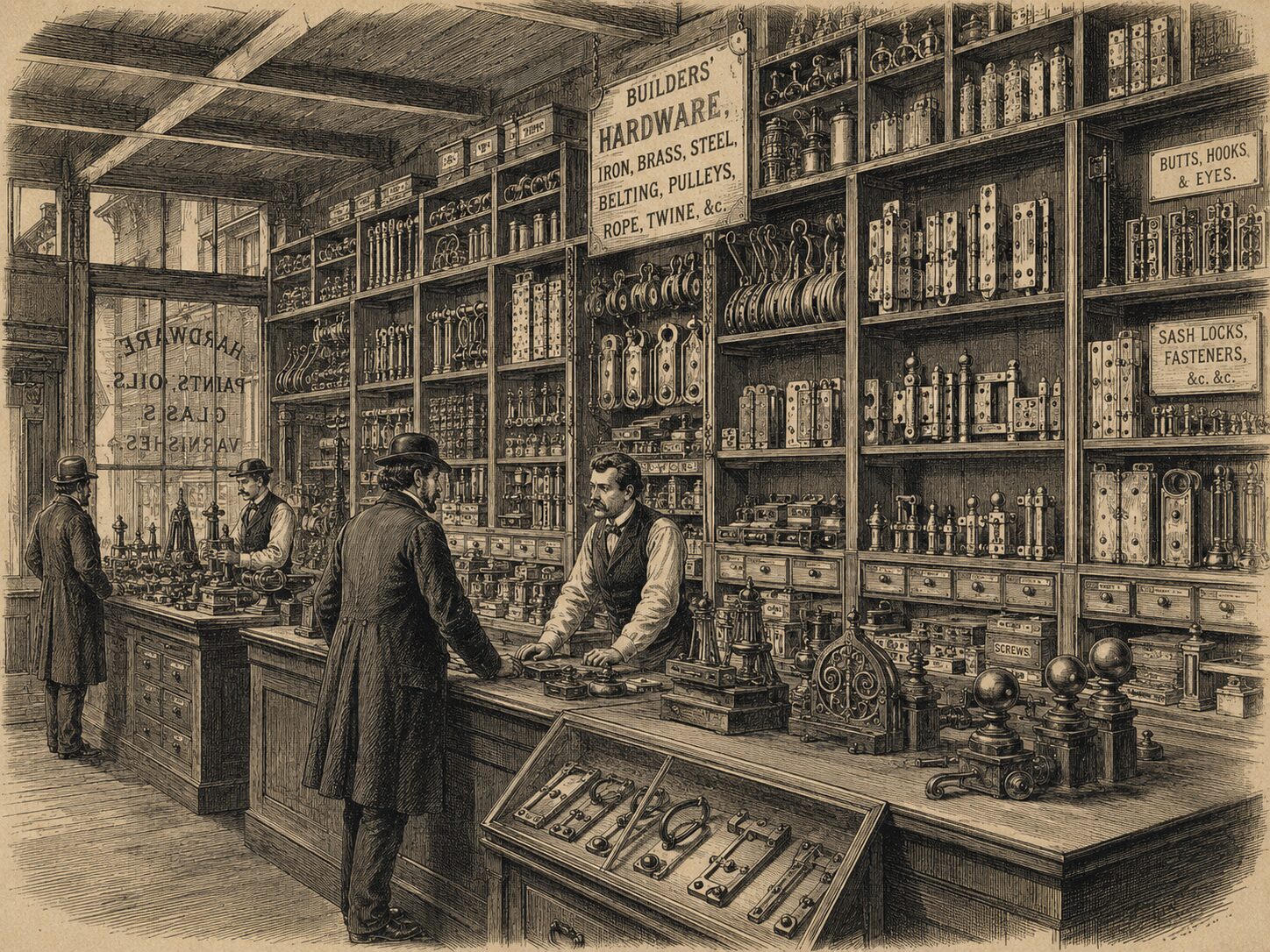 Victorian hardware store illustration - shelving floor to ceiling with organized stock, period-dressed clerks